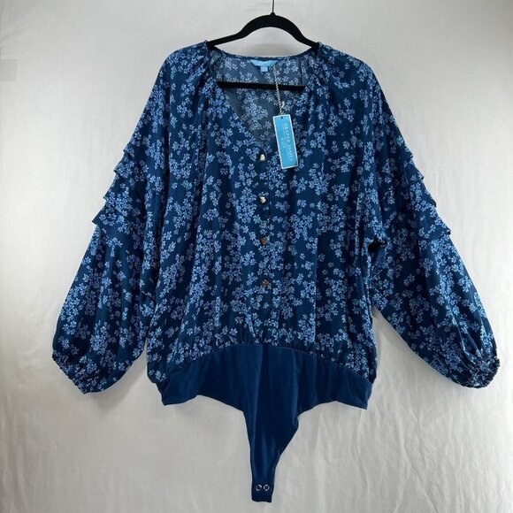 Draper James Tops - Draper James RSVP Ruffled Long Sleeve Bodysuit Size 2X Button Front Floral Blue